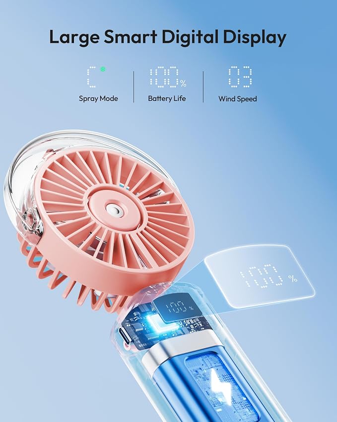Gaiatop Portable Misting Fan, Rechargeable Handheld Fan with Water Spray | Water Mist Spray, Foldable Design, 3 Speeds, LED Display, USB Rechargeable Fan for Travel, Concerts and Outdoor Use