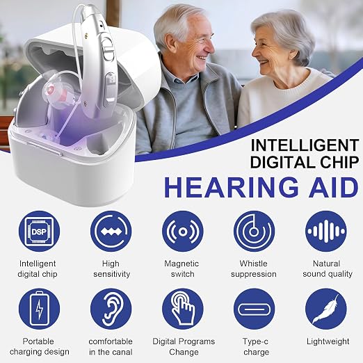 Hearing Aids, Rechargeable Hearing Aids for Seniors with UV Sterilization Case, 32-Channel Noise Cancelling, 100H Battery, 7 Volume Levels, Virtually Invisible RIC, One-Button Control Clear Sound, Comfort