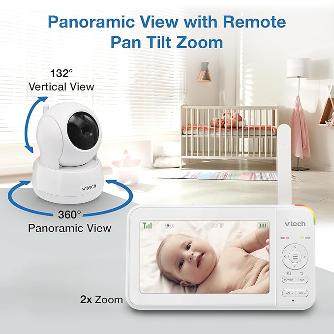 VTech 2 Cameras Video Baby Monitor with 5" LCD Screen,Up to 17Hrs Video & 31Hrs Audio, Night Vision, Pan-Tilt-Zoom, Lullabies, Soothing Sounds, Temperature Sensor,Split Screen, No WiFi: 924-2W