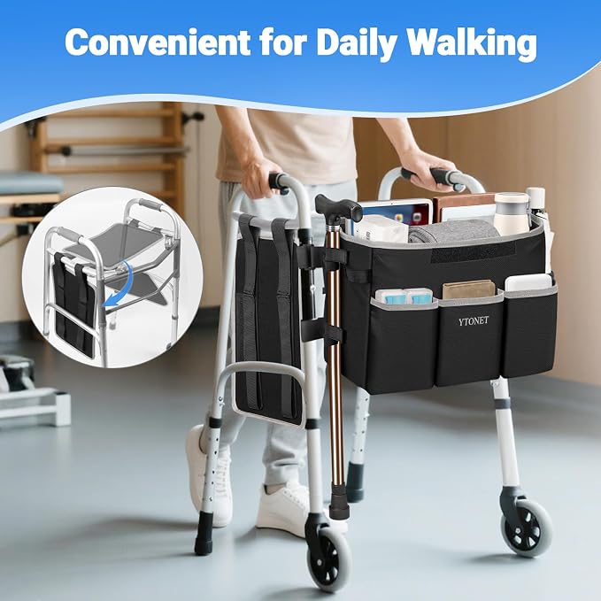 Ytonet Walker Basket with Tray, Detachable Walker Tray for Folding Walkers | Large Capacity Storage Baskets with Phone and Crutch Holder Water-Resistant Non-slip Walkers Accessories for Seniors Black