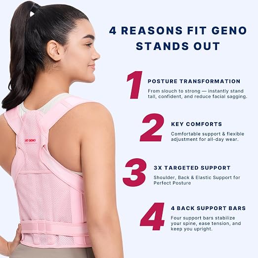 Fit Geno Back Brace Posture Corrector for Women and Men, Shoulder Straightener, Adjustable Full Back Support, Upper and Lower Back Pain Relief - Scoliosis, Hunchback, Thoracic, Spine Corrector (M)