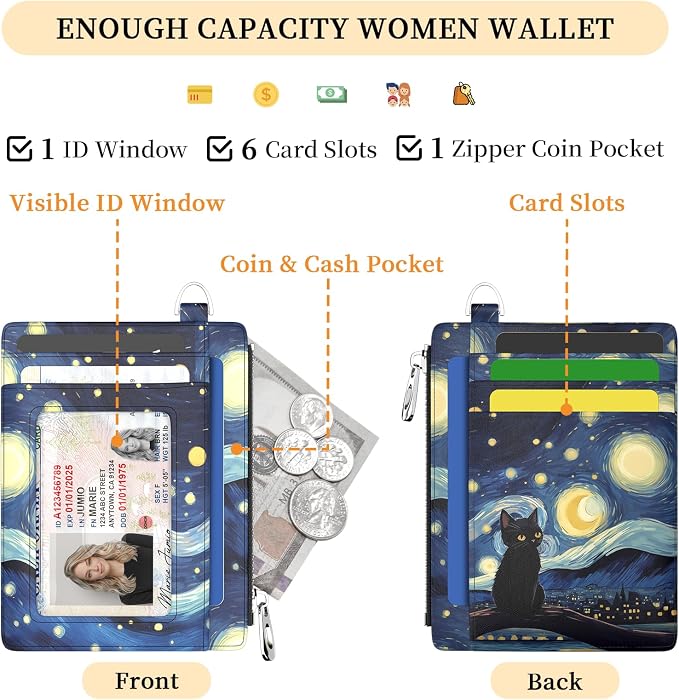 Hancynir Black Cat Small Wallet Women Credit Card Holder, Slim RFID Cute | Zipper Keychain Wallet, Travel Coin Front Pocket, Ladies Women Gifts, Thin Minimalist Card Case, 6 Card Slots, PU Leather