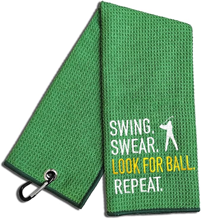 Swing Swear Look for Embroidered Green Golf Towel, Funny Towels for Golf Bags with Clip, Retirement Birthday Gifts for Grandpa Grandma Dad Golfer GolfLover, Golf Accessories for Men Women