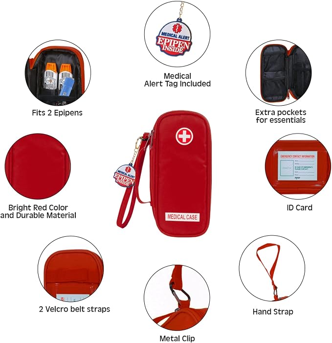 Jayour EpiPen Medical Carrying Case Insulated, Travel Medication Organizer Bag Emergency Medical Pouch, Fits 2 EpiPens, Asthma Inhaler, Anti-Histamine, Auvi-Q, Allergy Medicine Essentials, Red