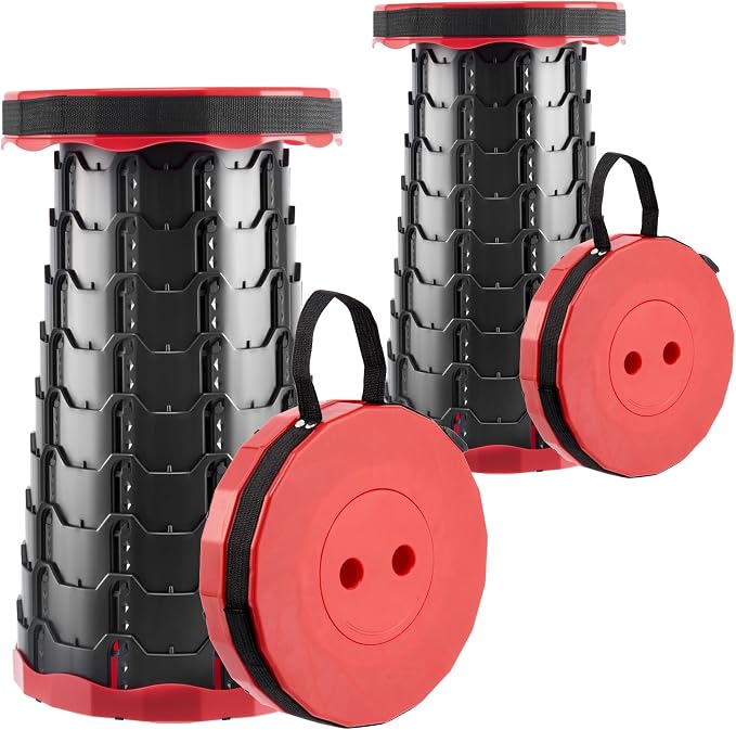 Doseno Collapsible Stool 2 Pack, Portable Retractable Camping Seat, Red | Thickened PP design spans 2.4-17.5 in with 12 height positions and carry straps for fishing, hiking, BBQ, travel and events.