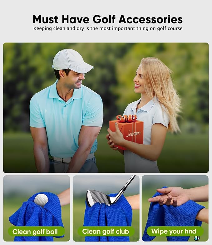 Jiskan Pro Golf Towel Microfiber Golf Towel for Golf Bags (16" X 16") with Hook, Loop Fastener and Gift Box, Essentials Golf Accessories for Men, Golf Gifts for Men/Women