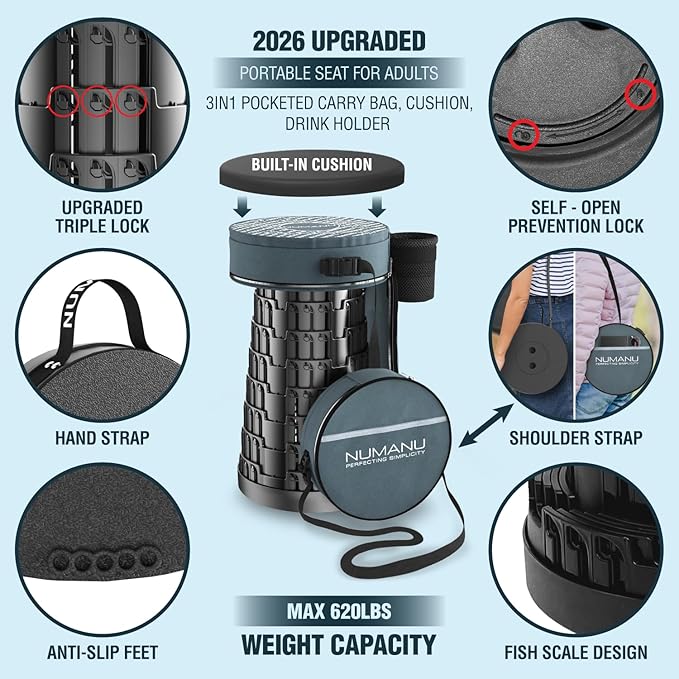 Collapsible Stool for Adults, 3-in-1 Cushion + Bag, 620 lbs, Round | Heavy-Duty Telescoping Stool 2.5-18in, 3-in-1 Cushion Carry Bag + Drink Holder; Travel, Sports, Camping, Gardening