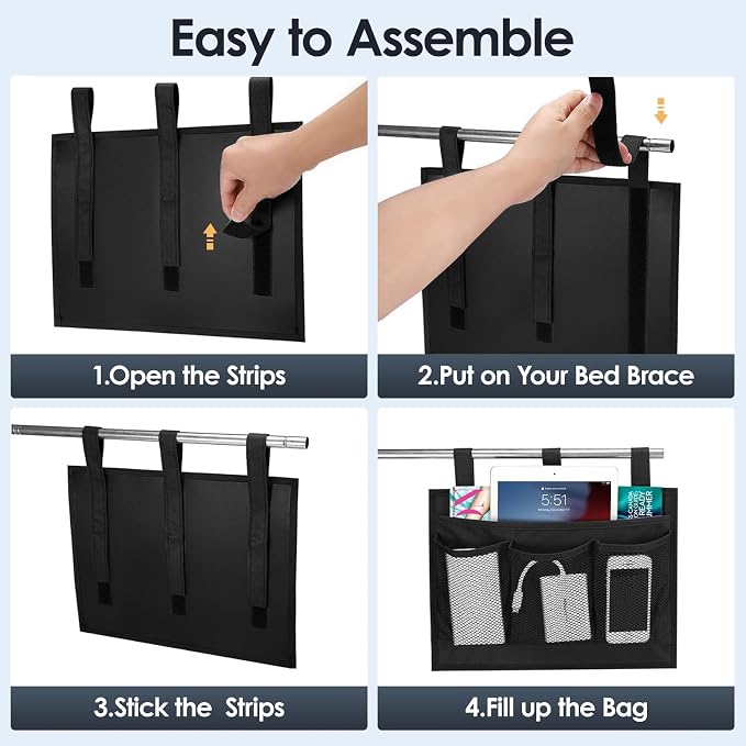 Bedside Caddy Storage Organizer, Hanging Storage Bag Pocket | Bunk/Hospital Beds, College Dorm Organizer for Remotes Phone,College Dorm,Camp,Bed Rails(4 Pockets),Black