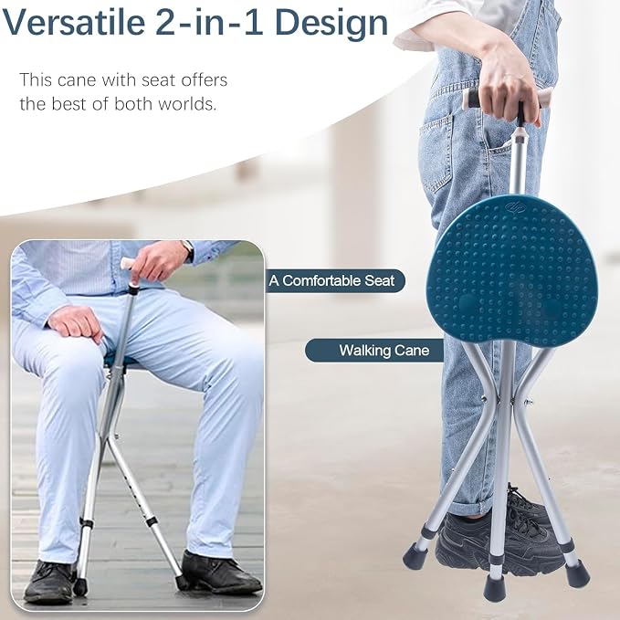 Walking Cane with Seat Cane Chair Foldable Walking Stick with Seat, Adjustable Cane Stool for Seniors Elderly, Lightweight Aluminum, Easy Carry (Blue)