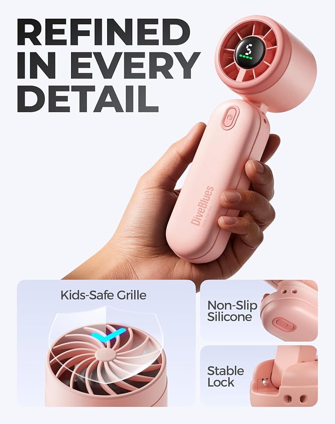 Diveblues Mini Portable Handheld Turbo Fan 27ft/s, 4000mAh Battery | 12H Max Cooling, 5 Speeds, LED Display, Quiet Motor, 3-in-1 Handheld/Neck/Desk Fan for Travel, Cruise & Disney Essentials
