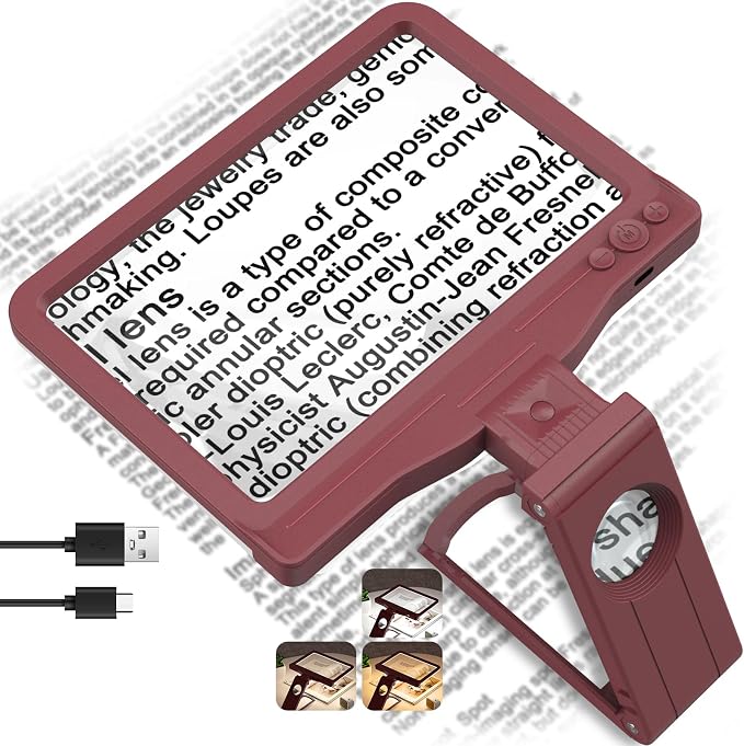 30X 6X Rechargeable Magnifying Glass for Reading, Large Full Page Magnifier with Folding Stand, 3 Color Light Modes, Dimmable LED Lighted, Hands Free Book Magnifier for Low Vision Seniors, Red