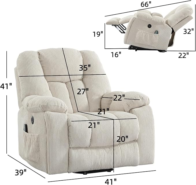 Power Lift Recliner Chair with Massage and Heat for Elderly, Overstuffed Wide Recliners, Heavy Duty and Safety Motion Reclining Mechanism with USB Ports, 2 Concealed Cup Holders, Beige