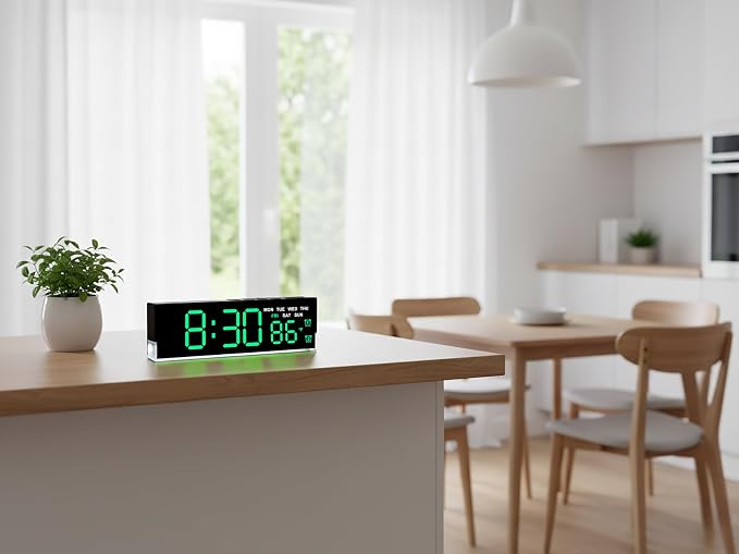 zyzamay 7-Inch Modern LED Digital Alarm Clock with Dual Alarms & Soft Bottom Light｜Displays Time, Date, Day, Temperature ｜3-Level Auto/Manual Brightness, DST, USB or Battery Powered Desk Clock,Green