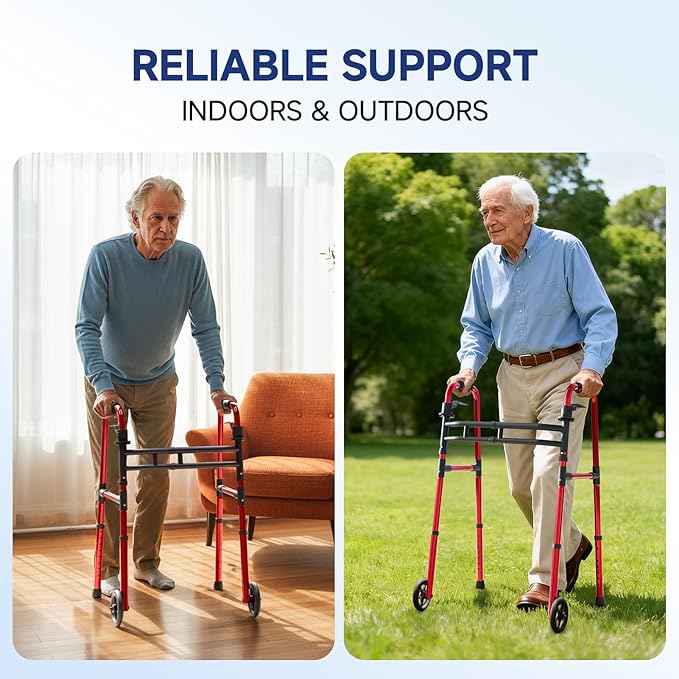 Walkers for Seniors Foldable, Aluminum Lightweight Walker with Wheels, Adjustable Height & Width Standard Walkers for Elderly & Disabled, 350 lbs Capacity, Red