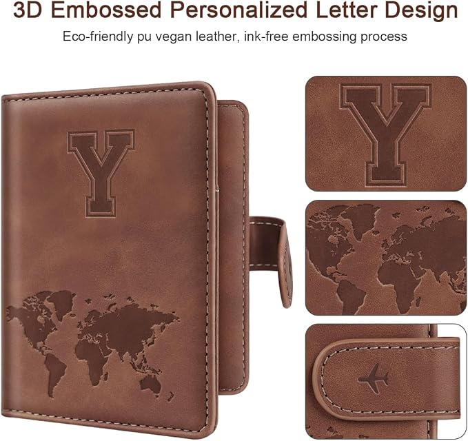 Passport Holder Wallet Cover Personalized Initial Travel Essentials | Embossed Letter A-Z Design, Travel Wallets, RFID Blocking, Passport Book Holders, Women and Men, Personalized Gifts, Brown-Y