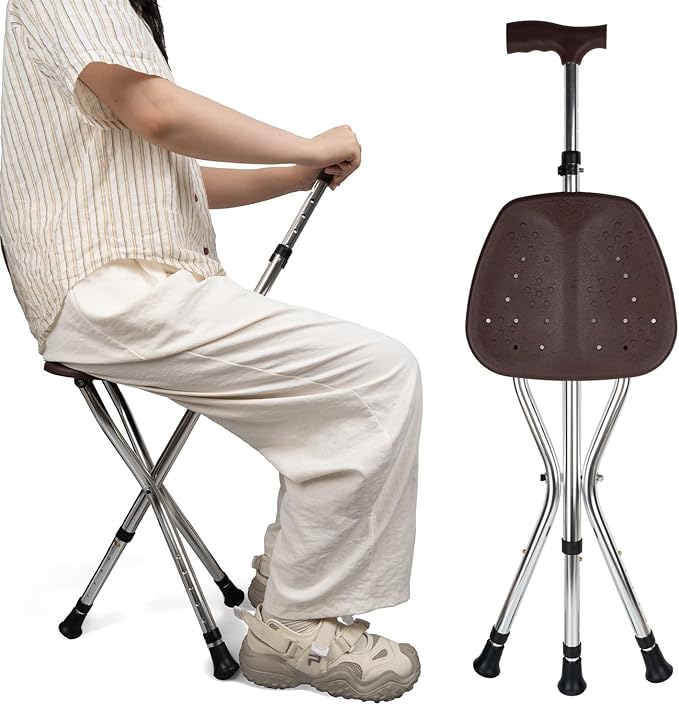 Cane with Seat Folding Lightweight,Height-Adjustable Cane,Chair for Seniors Supports Up to 330 Pounds,Anti-Slip Walking Stick for Elderly Men, Disabled