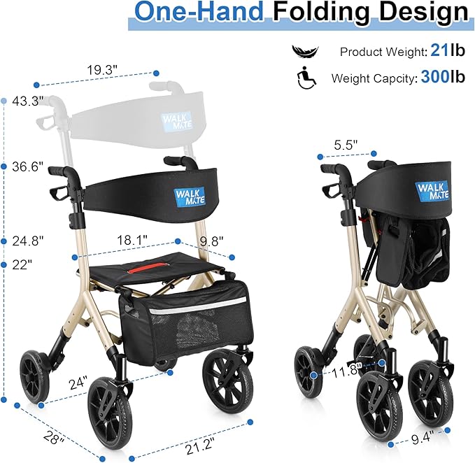 WALK MATE Rollator Walker for Seniors Taller 5.3~7ft with Height-Adjustable Seat, 10 Inch Wheels Wire-Hidden Walkers Compact Folding Design Lightweight Mobility Walking Aid Widen Backrest, Gold