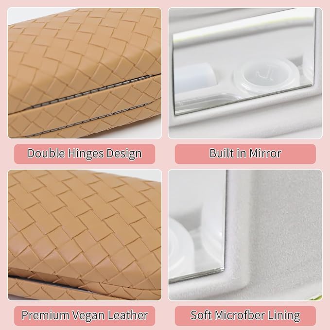 2 in 1 Contact Lens Case and Eyeglasses Case for Women Men Kids, Double Sided Hard Shell Portable Glasses Travel Holder with Built-in Mirror, Contact Lens Box Storage Kit, Coffee