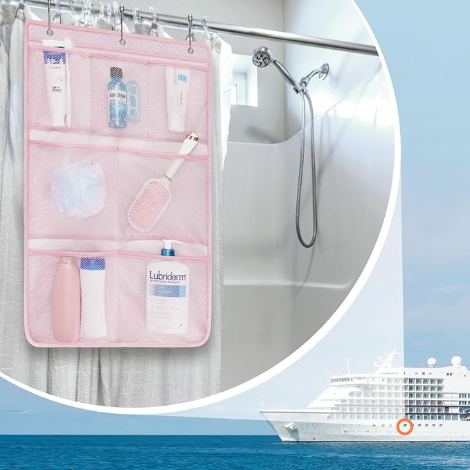 F-color 7-Pocket Mesh Shower Caddy - Hanging Shower Organizer for Cruise | Quick-Dry & See-Through Mesh for Toiletries, Fits Shower Rod Rings or Sticky Hooks for Bathroom & RV, Cruise Essentials 2026