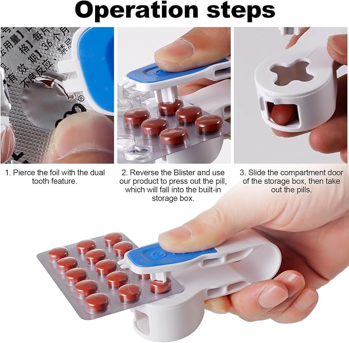Portable Pill Popper, Easy Press Pill Remover with Collection Box, Travel Tablet Taker for Seniors Arthritis Weak Hands, No-Contact Medication Extractor Tool