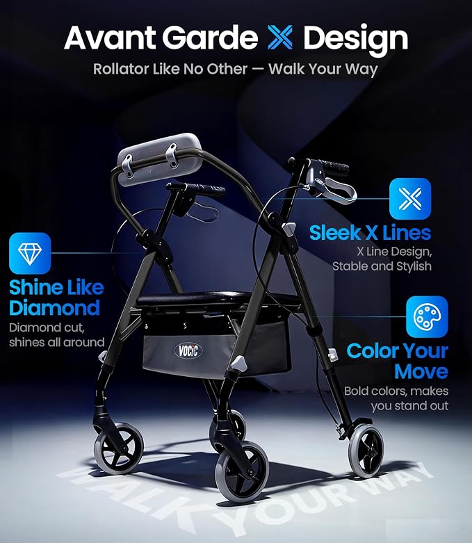 VOCIC Z11 Rollator Walker for Seniors with Seat, 380 LBS | Lightweight Design with Ergo Seat & Backrest, Height Adjustable & Easily Foldable for Seniors' Mobility, Blue