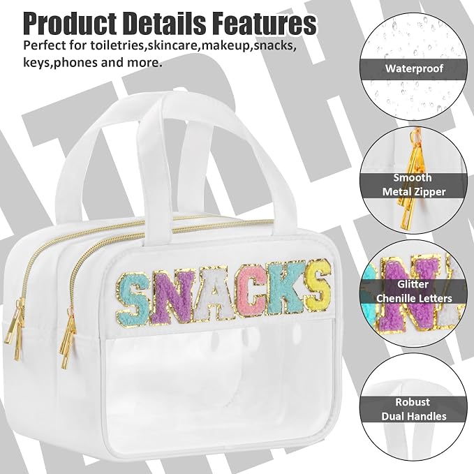 BuyCard Chenille Letter Clear Makeup Bags for Travel, Preppy Patch Nylon Cosmetic Pouch with Handles and Zipper, Waterproof Large Clear Toiletry Purse Storage for Women, White