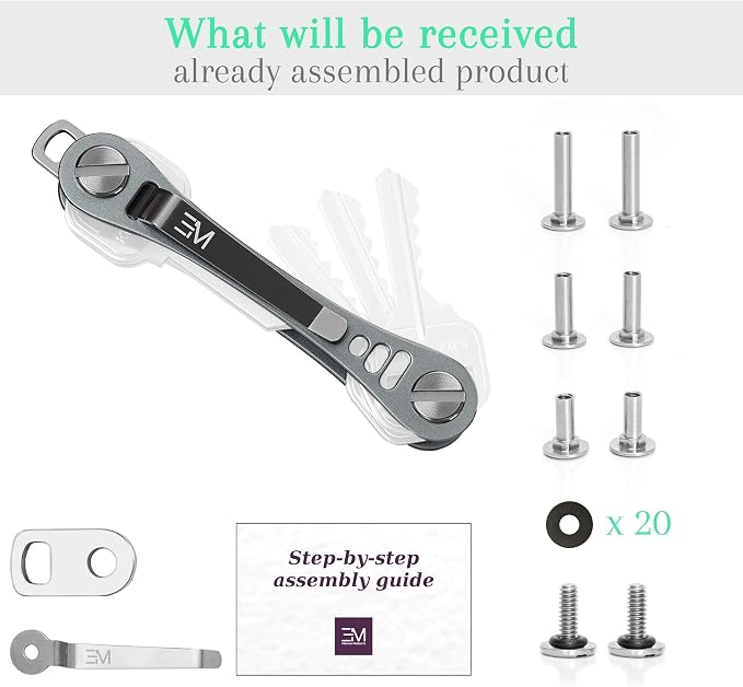 EM Compact Key Holder, Pocket Key Organizer, 14 Keys Key Bar | Fits 4.6 mm or larger keyholes only. Small hole keys like mailbox keys may not fit. Anti jingle, removable clip