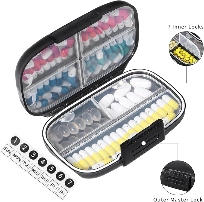 Large Pill Organizer for Purse 7 Day Vitamin Box Travel Case for Fish Oil | Black Pill Container with Label,Double Lock,Water-proof Medicine Holder,Portable for Daily Supplements & Small Accessories