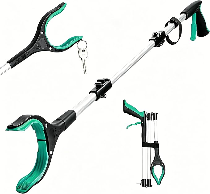 43" Extra Long Reacher Grabber Tool, Foldable, with 360° Rotating Jaw and Magnet, Trash Claw Pickup Tool for Seniors, Green