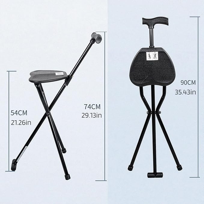 Heavy Duty 300 lbs Folding Walking Cane with Seat, Lightweight Aluminum Collapsible Cane Stool for Seniors, Portable Walking Stick Chair for Travel, Queue, Easy Carry, Anti-Slip