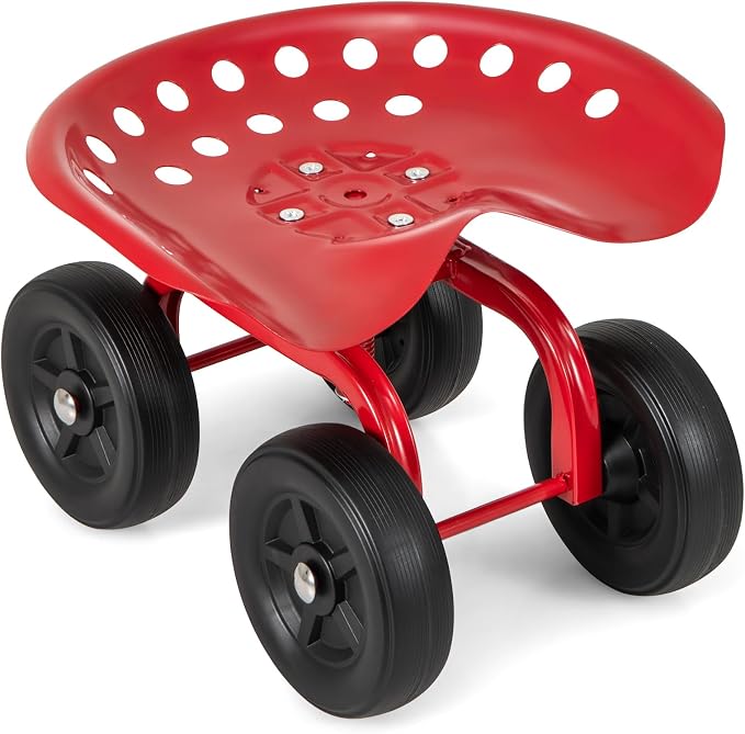 Goplus Garden Cart with Wheels, Utility Stool Cart w/Adjustable 360 Degree Swivel Seat, Outdoor Lawn Yard Rolling Work Seat, Garden Scooter for Planting (Red)