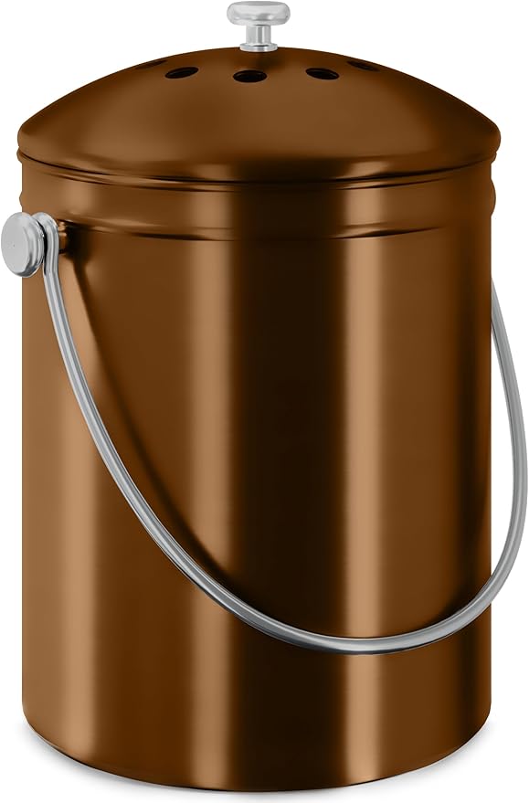 Utopia Kitchen Countertop Compost Bin 1.3 Gallon, Stainless Steel, Copper | Odorless countertop compost bin with charcoal filter, ideal for food scraps and waste