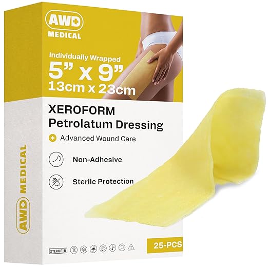 AWD Medical Xeroform Petrolatum Dressing 5x9 - Non-Adhering Gauze Pads - Fine Mesh Gauze Patch Sterile - Healthcare Supplies for Wound Care, Burns, Lacerations, & Skin Grafts Aide (Box of 25, 5"x9")