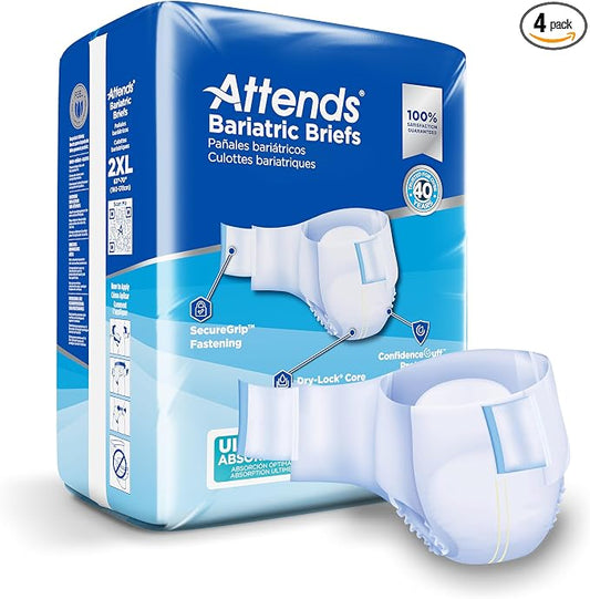 Attends Bariatric Incontinence Disposable Briefs, XX-Large, 63"-70" Waist with Tab Closures, Ultimate Absorbency, Dry-Lock Containment Core and ConfidenceCuff Leakage Protection, 2XL 48ct Case