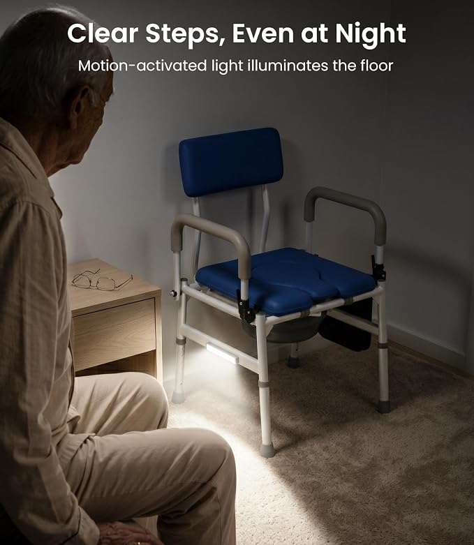 Vocic Drop Arm Bedside Commodes for Adults/Seniors/Disabled Users, YR11 LITE | Wide Adjust to 22.8" | Height Adjust to 23" | 400lb Capacity | Padded Seat | Motion Light | 6.3Qt Bucket with Lid