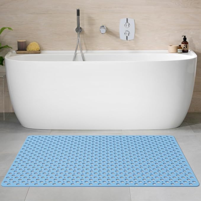 Yolife Large Shower Mat, 47" x 32" Non Slip Shower Mats for Inside Shower with Drain Holes and Suction Cups, No Odor Soft Shower Floor Mat, Blue