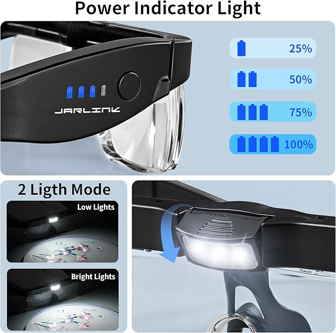 JARLINK Magnifying Glass with Light, 5 Lenses, Rechargeable Headset | Features 5 Lenses (0.75-4.0X) and 3 LED Lights. Rechargeable Headset Magnifier for Close Work, Crafts, and Model Makers