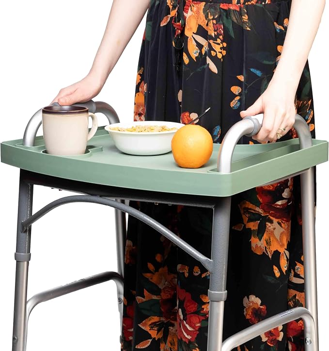 Sigo Green Walker Tray for Rolling Folding Walker, Tray Table with Cup Holder for Standard Walkers Seniors, Detachable Non Slip TV Accessories Basket Holding Plate Cups Clip On Small Bag Carrier