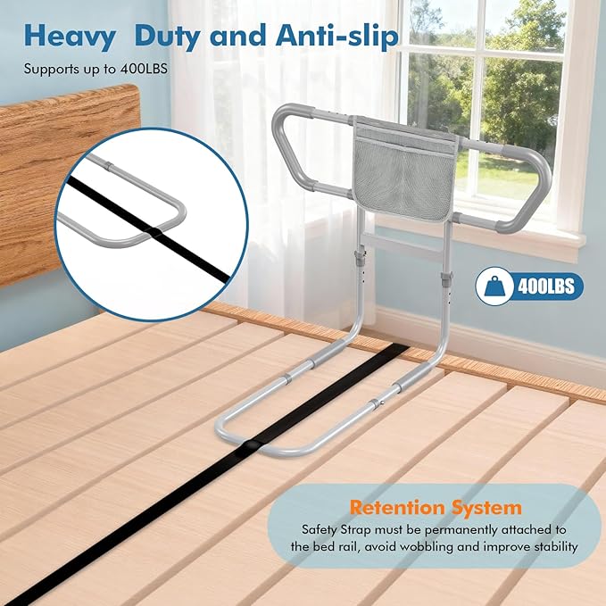 Bed Rail for Elderly Adults Safety – Bed Rails for Seniors Safety, Adjustable Bedside Assist Rail with Storage Pocket, Non-Slip Handle, Motion Sensor Night Light, Heavy-Duty 400LB Support