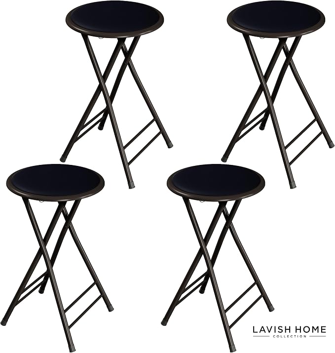 Lavish Home Folding Stool with Padded Backless Seat Set of 4, Black, 24” | Counter Height Bar Stools with 225lb Capacity, Portable Indoor & Outdoor, Extra Seat for Kitchen, Rec Room or Camping