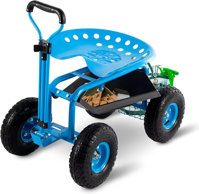 Rolling Garden Cart with Workseat - Heavy Duty Scooter with Handle and Storage Gardening Stool, 360 Degree Swivel Seat for Seniors Garden Cart on Wheel,Blue