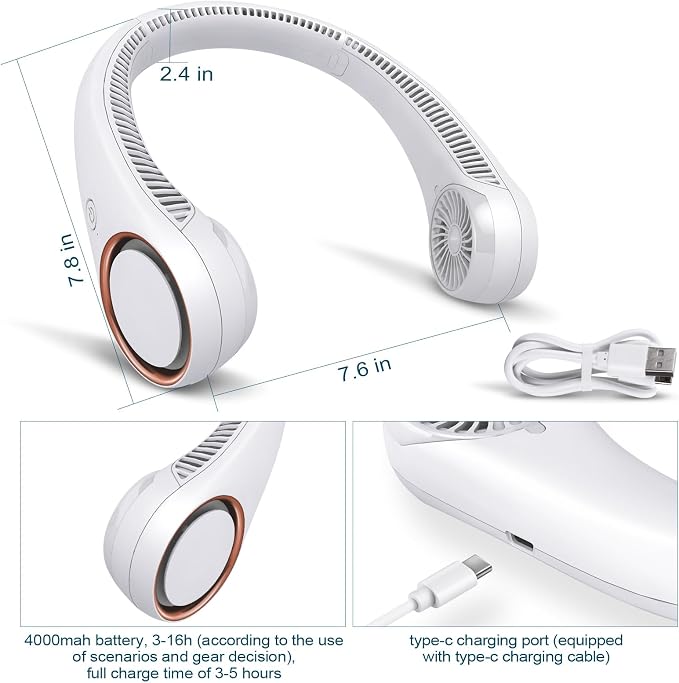 CIVPOWER Neck Fan: Portable Personal Neck Cooling Rechargeable Bladeless Fan - Hands Free 3 Speed 4000 mAh Battery USB Operated Wearable Headphone Design - Gift for Men Women Outdoor (White)