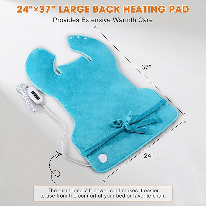 Heating Pad for Back Neck Shoulders, Large Wearable Relax Muscles, Birthday Gifts for Women Men Mom Dad Elderly, 3 Heat Settings/2-Hour Safe Auto-Off, 24"×37" Ergonomic Fit Design-Blue