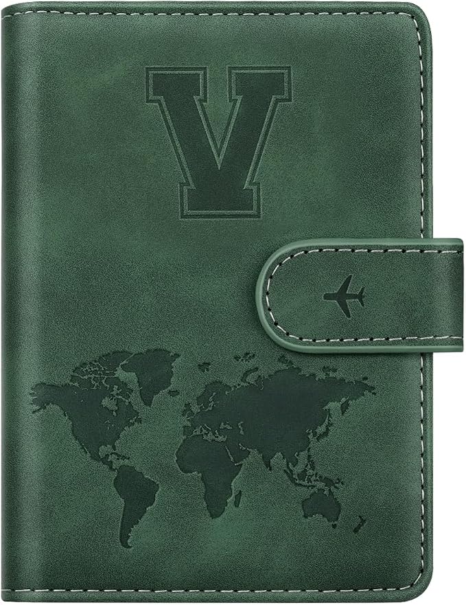 Passport Holder Wallet Cover Personalized Initial Travel Essentials | Embossed Letter A-Z Design, Travel Wallets, RFID Blocking, Passport Book Holders, Women and Men, Personalized Gifts, Green-V