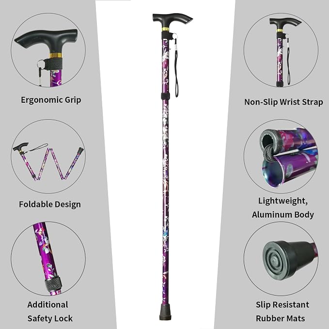 Folding Canes for Men and Women, Floral | 5-Level Adjustable Height, Lightweight Collapsible, Aluminum, Wrist Strap, T Handle, Walking Sticks for Seniors Adults
