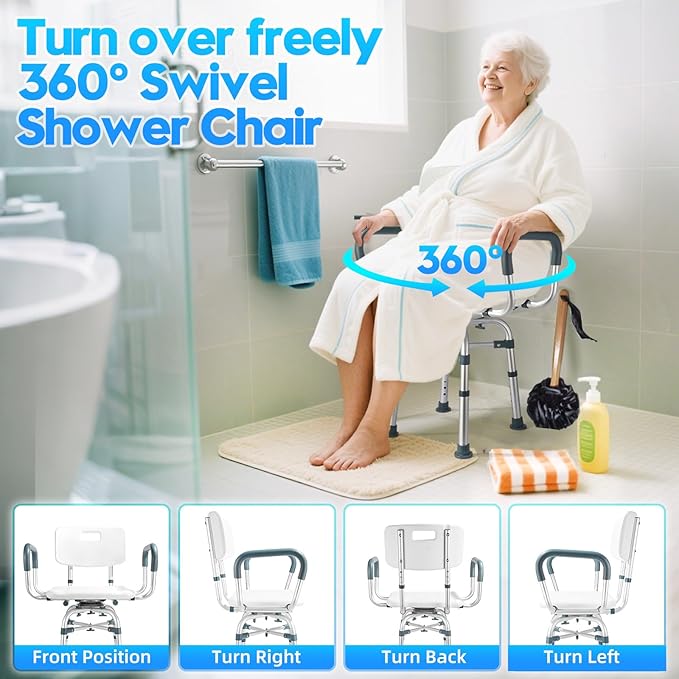 Swivel Shower Chair for Inside Shower with Arms and Back 500 lbs Heavy Duty Rotating Shower Seat for Bathtub Fully Adjustable Safety Bath Chair for Elderly Adults Disabled and Bariatric