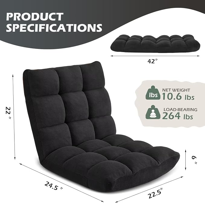 Folding Floor Gaming Chair, 14-Position Adjustable Backrest, Skin-Friendly Flannel & Aluminum Alloy Frame, Ideal for Reading, Gaming, Sleeping, Black