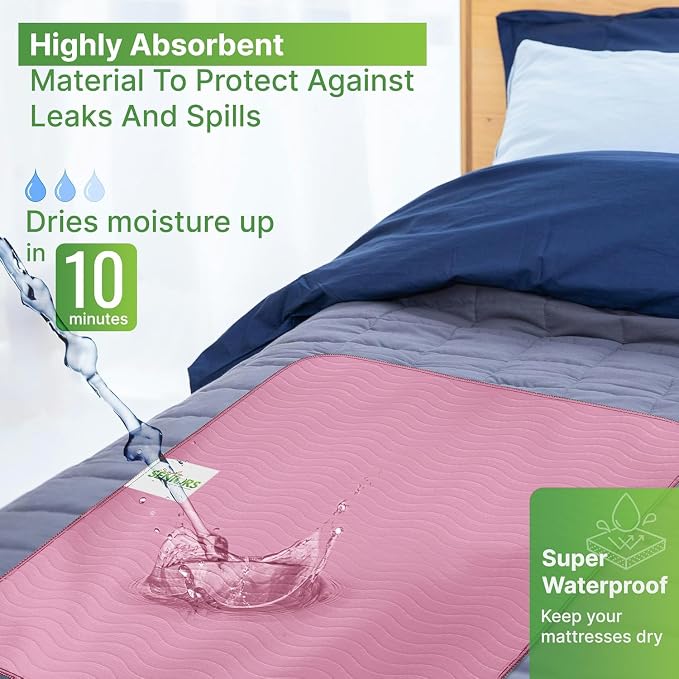 Bed Pads Washable Waterproof 34"x36"- Pack of 4 Pink Incontinence Bed Pads | Washable Pee Pads for Adults - Dementia Products for Elderly & Elderly Assistance Products - Reusable Pee Pads Dogs & Kids