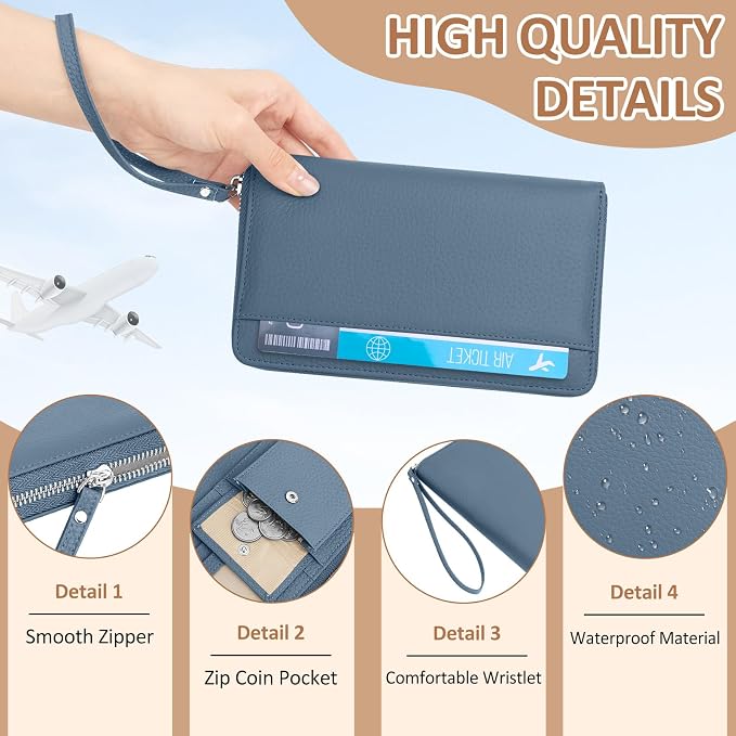 RFID Passport Holder for Travel Family with Coin Pocket, Blue | Leather Passport Cover for 2, Travel Document Organizer with Wrist Strap & 24 Card Slots, for Women Men