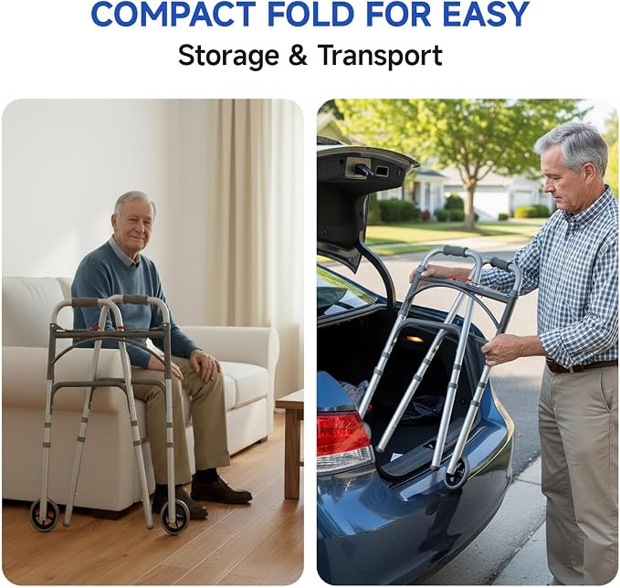Loyoda Folding Walker with Tray for Seniors, Walker with 5" Front Wheels | Lightweight Aluminum 2-Wheel Walker, Height Adjustable Standard Walkers, 350 lbs